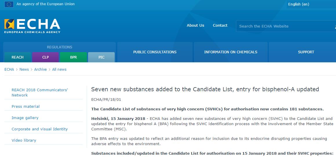 SVHC,清单,物质,ECHA,双酚A